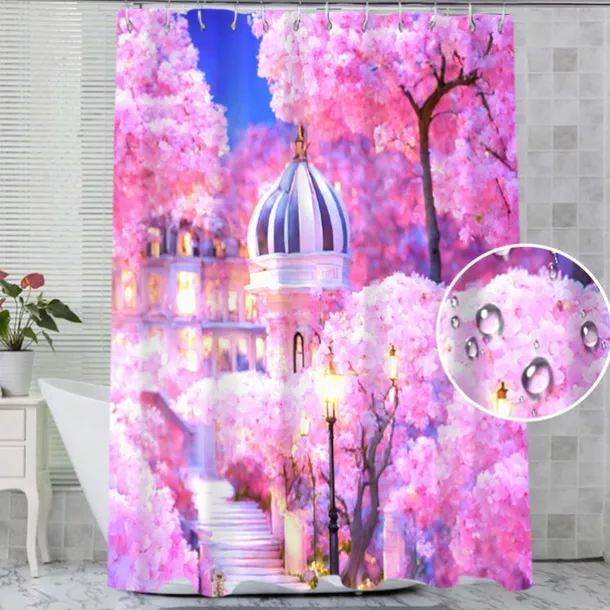 Shower Curtain with Hooks 180cm*180cm(70"*70") Polyester Washable Waterproof Pattern Bathroom Bathtub Decor Romantic Pink Flowers