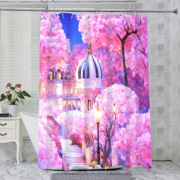 Shower Curtain with Hooks 180cm*180cm(70"*70") Polyester Washable Waterproof Pattern Bathroom Bathtub Decor Romantic Pink Flowers