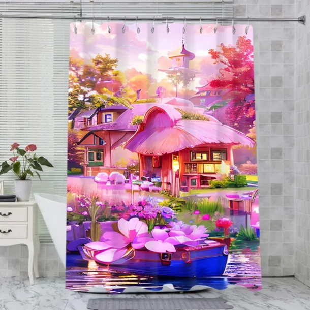 Shower Curtain with Hooks 180cm*180cm(70"*70") Polyester Washable Waterproof Pattern Bathroom Bathtub Decor Romantic Pink Flowers