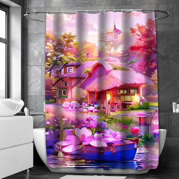 Shower Curtain with Hooks 180cm*180cm(70"*70") Polyester Washable Waterproof Pattern Bathroom Bathtub Decor Romantic Pink Flowers