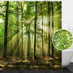 Shower Curtain with Hooks 180cm*180cm(70"*70") Polyester Washable Waterproof Sunshine Forest Landscape Pattern