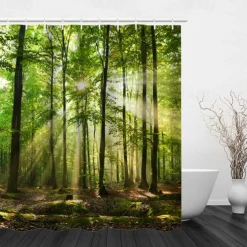 Shower Curtain with Hooks 180cm*180cm(70"*70") Polyester Washable Waterproof Sunshine Forest Landscape Pattern