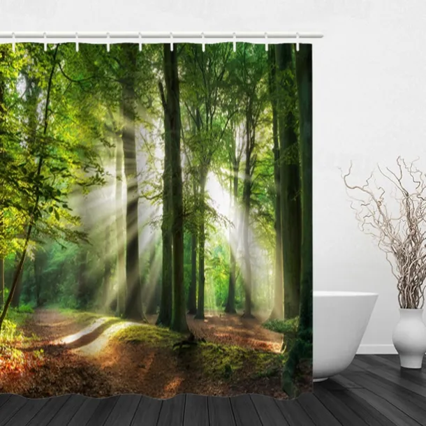Shower Curtain with Hooks 180cm*180cm(70"*70") Polyester Washable Waterproof Sunshine Forest Landscape Pattern