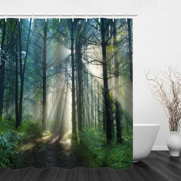 Shower Curtain with Hooks 180cm*180cm(70"*70") Polyester Washable Waterproof Sunshine Forest Landscape Pattern