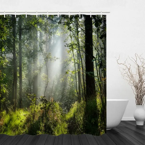 Shower Curtain with Hooks 180cm*180cm(70"*70") Polyester Washable Waterproof Sunshine Forest Landscape Pattern