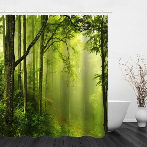 Shower Curtain with Hooks 180cm*180cm(70"*70") Polyester Washable Waterproof Sunshine Forest Landscape Pattern