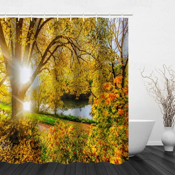Shower Curtain with Hooks 180cm*180cm(70"*70") Polyester Washable Waterproof Sunshine Forest Landscape Pattern