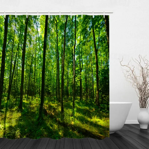 Shower Curtain with Hooks 180cm*180cm(70"*70") Polyester Washable Waterproof Sunshine Forest Landscape Pattern