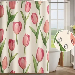 Shower Curtain with Hooks 180cm*180cm(70"*70") Polyester Washable Waterproof Floral Tulips Pattern Bathroom Decor
