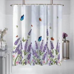 Shower Curtain with Hooks 180cm*180cm(70"*70") Polyester Washable Waterproof Butterfly Lavender Pattern Bathroom Decor