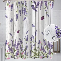 Shower Curtain with Hooks 180cm*180cm(70"*70") Polyester Washable Waterproof Butterfly Lavender Pattern Bathroom Decor