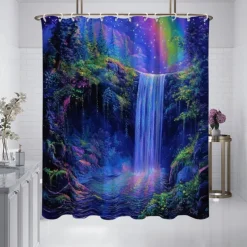 Shower Curtain with Hooks 180cm*180cm(70"*70") Polyester Washable Waterproof Forest Waterfall Pattern Bathroom Bathtub Decor