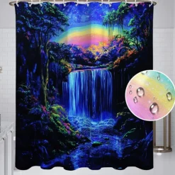 Shower Curtain with Hooks 180cm*180cm(70"*70") Polyester Washable Waterproof Forest Waterfall Pattern Bathroom Bathtub Decor