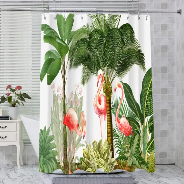 Shower Curtain with Hooks 180cm*180cm(70"*70") Polyester Washable Waterproof Tropical Plant Bird Pattern Bathroom Bathtub Decor
