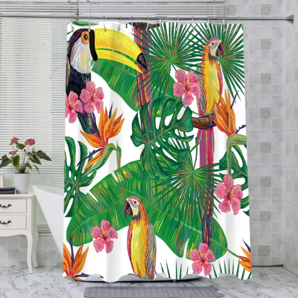 Shower Curtain with Hooks 180cm*180cm(70"*70") Polyester Washable Waterproof Tropical Plant Bird Pattern Bathroom Bathtub Decor