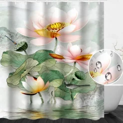 Shower Curtain with Hooks 180cm*180cm(70"*70") Polyester Washable Waterproof Modern Bathroom Landscape Lotus Landscape Printing