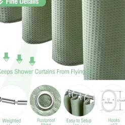 Shower Curtains Waffle Textured Heavy Duty Thick Fabric Water Repellent Liner with Stainless Steel Hooks Hotel Luxury Quality Sage Green 180cm*180cm(70