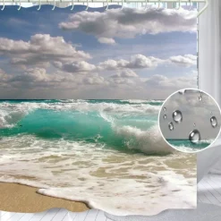 Shower Curtains with Hooks Waterproof 180cm*180cm(70"*70")White Clouds Waves Printing Modern Polyester