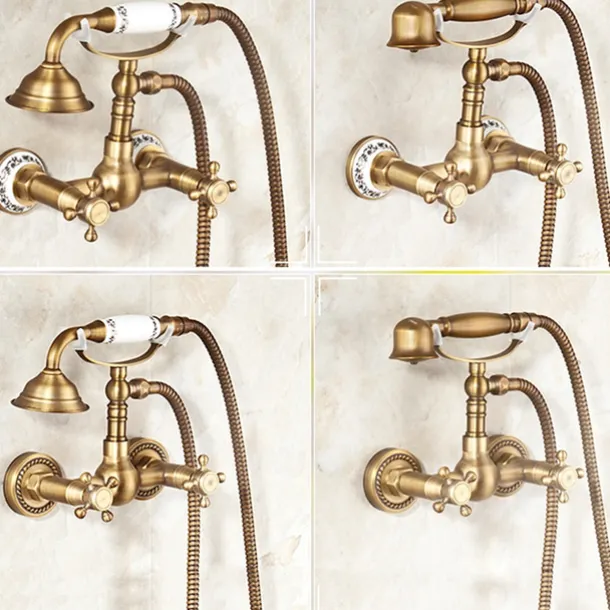 Shower Faucet / Body Jet Massage Set - Handshower Included pullout Rainfall Shower Antique / Vintage Style Antique Brass Mount Inside Brass Valve Bath Shower Mixer Taps