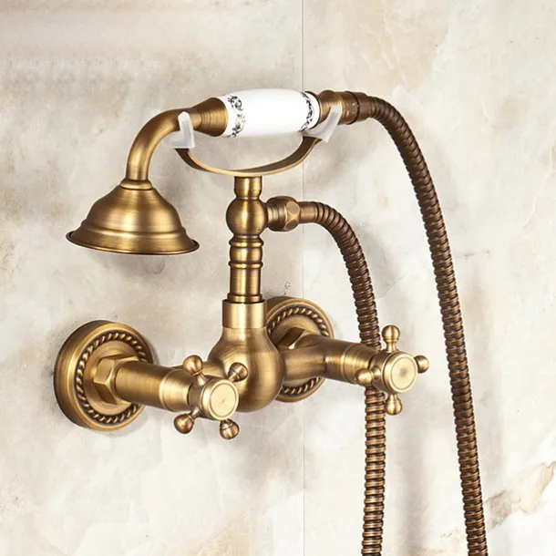 Shower Faucet / Body Jet Massage Set - Handshower Included pullout Rainfall Shower Antique / Vintage Style Antique Brass Mount Inside Brass Valve Bath Shower Mixer Taps