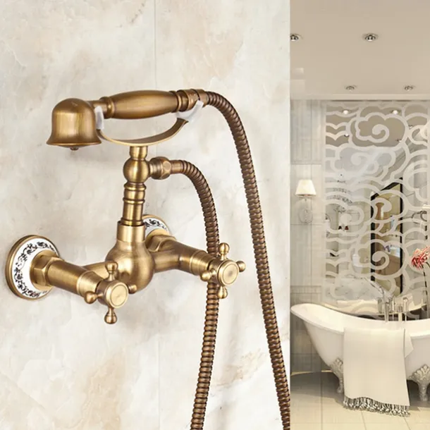 Shower Faucet / Body Jet Massage Set - Handshower Included pullout Rainfall Shower Antique / Vintage Style Antique Brass Mount Inside Brass Valve Bath Shower Mixer Taps