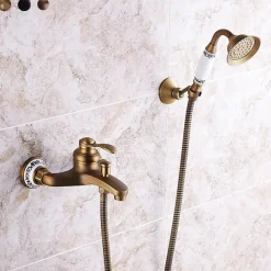 Shower Faucet / Rainfall Shower Head System Set - Handshower Included pullout Vintage Style / Country Antique Brass / Electroplated Mount Outside Ceramic Valve Bath Shower Mixer Taps / Single Handle