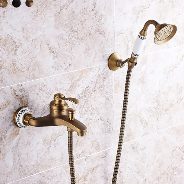 Shower Faucet / Rainfall Shower Head System Set - Handshower Included pullout Vintage Style / Country Antique Brass / Electroplated Mount Outside Ceramic Valve Bath Shower Mixer Taps / Single Handle