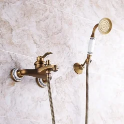 Shower Faucet / Rainfall Shower Head System Set - Handshower Included pullout Vintage Style / Country Antique Brass / Electroplated Mount Outside Ceramic Valve Bath Shower Mixer Taps / Single Handle