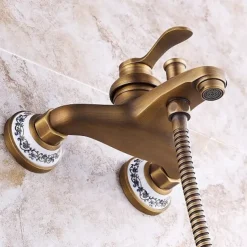 Shower Faucet / Rainfall Shower Head System Set - Handshower Included pullout Vintage Style / Country Antique Brass / Electroplated Mount Outside Ceramic Valve Bath Shower Mixer Taps / Single Handle