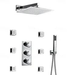 Shower Faucet,12 inch Chrome Shower Faucets Sets Complete with Brass Shower Head and Solid Brass Handshower+Wall MountedRainfall Shower Head System(Contain Bodysprays,Shower Arm,Handshower)