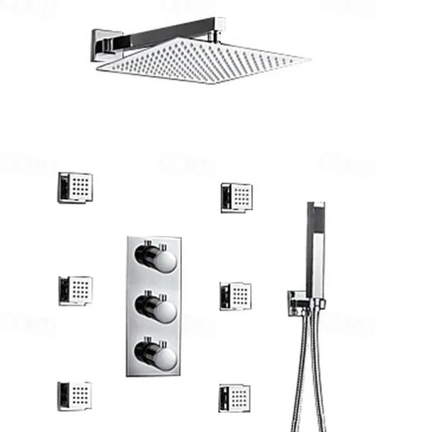 Shower Faucet,12 inch Chrome Shower Faucets Sets Complete with Brass Shower Head and Solid Brass Handshower+Wall MountedRainfall Shower Head System(Contain Bodysprays,Shower Arm,Handshower)