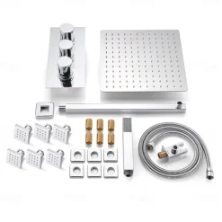 Shower Faucet,12 inch Chrome Shower Faucets Sets Complete with Brass Shower Head and Solid Brass Handshower+Wall MountedRainfall Shower Head System(Contain Bodysprays,Shower Arm,Handshower)