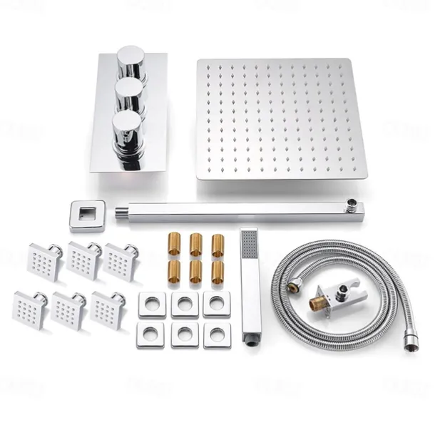 Shower Faucet,12 inch Chrome Shower Faucets Sets Complete with Brass Shower Head and Solid Brass Handshower+Wall MountedRainfall Shower Head System(Contain Bodysprays,Shower Arm,Handshower)