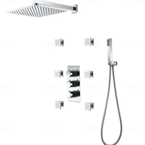 Shower Faucet,12 inch Chrome Shower Faucets Sets Complete with Brass Shower Head and Solid Brass Handshower+Wall MountedRainfall Shower Head System(Contain Bodysprays,Shower Arm,Handshower)