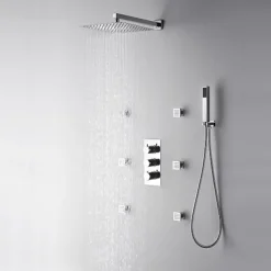 Shower Faucet,12 inch Chrome Shower Faucets Sets Complete with Brass Shower Head and Solid Brass Handshower+Wall MountedRainfall Shower Head System(Contain Bodysprays,Shower Arm,Handshower)