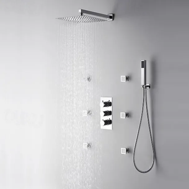 Shower Faucet,12 inch Chrome Shower Faucets Sets Complete with Brass Shower Head and Solid Brass Handshower+Wall MountedRainfall Shower Head System(Contain Bodysprays,Shower Arm,Handshower)