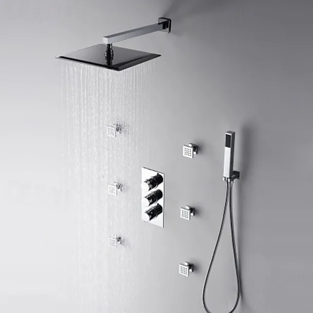 Shower Faucet,12 inch Chrome Shower Faucets Sets Complete with Brass Shower Head and Solid Brass Handshower+Wall MountedRainfall Shower Head System(Contain Bodysprays,Shower Arm,Handshower)