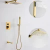 Shower Faucet,8 Inch Gold Shower Faucets Sets Complete with Stainless Steel Shower Head, Solid Brass Handshower, and Rotary Nozzle Wall Mounted Installation Rainfall Shower Head System