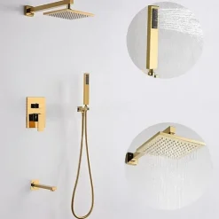 Shower Faucet,8 Inch Gold Shower Faucets Sets Complete with Stainless Steel Shower Head, Solid Brass Handshower, and Rotary Nozzle Wall Mounted Installation Rainfall Shower Head System