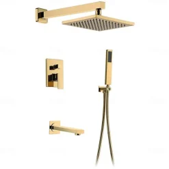 Shower Faucet,8 Inch Gold Shower Faucets Sets Complete with Stainless Steel Shower Head, Solid Brass Handshower, and Rotary Nozzle Wall Mounted Installation Rainfall Shower Head System