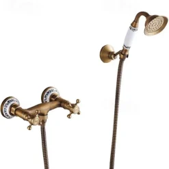 Shower Faucet Set - Handshower Included pullout Vintage Style / Country Antique Brass Mount Outside Ceramic Valve Bath Shower Mixer Taps / Two Handles One Hole