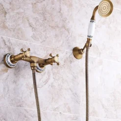 Shower Faucet Set - Handshower Included Vintage Style Antique Brass Mount Outside Brass Valve Bath Shower Mixer Taps