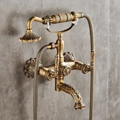 Shower Faucet Set - Handshower Included pullout Vintage Style / Country Antique Brass Mount Outside Ceramic Valve Bath Shower Mixer Taps