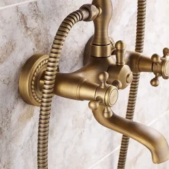 Shower Faucet Set Brass with Bathtub Spout Shower System, 2 Knob Handle Telephone Style Heldhand Showerhand 1.5m Hose Wall Mounted Tap
