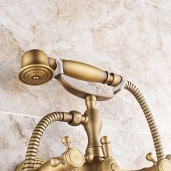 Shower Faucet Set Brass with Bathtub Spout Shower System, 2 Knob Handle Telephone Style Heldhand Showerhand 1.5m Hose Wall Mounted Tap