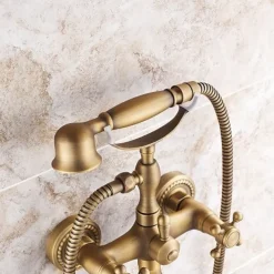 Shower Faucet Set Brass with Bathtub Spout Shower System, 2 Knob Handle Telephone Style Heldhand Showerhand 1.5m Hose Wall Mounted Tap