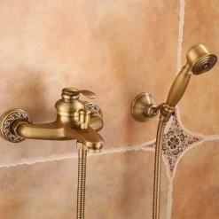 Shower Faucet Set Handshower Included Vintage Style/Country Brass Mount Outside Ceramic Valve Bath Shower Mixer Taps/Single Handle/Yes/Single Handle Three Holes