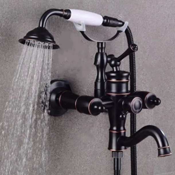 Shower Faucet Set Rainfall Shower Vintage Style Electroplated Mount Outside Ceramic Valve Bath Shower Mixer Taps / Brass / Two Handles Two Holes