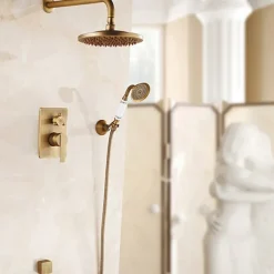 Shower Faucet Set Wall Mounted Vintage Brass, Rainfall Overhead Combo Set Bathroom Mixer Ceramic Shower Hendheld Sprayer High Pressure Black Antique