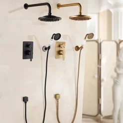 Shower Faucet Set Wall Mounted Vintage Brass, Rainfall Overhead Combo Set Bathroom Mixer Ceramic Shower Hendheld Sprayer High Pressure Black Antique